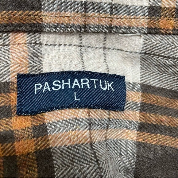 Pashartuk Western Orange Brown Plaid Pearl Snap Button Long Sleeve Shirt Size L - Picture 9 of 10